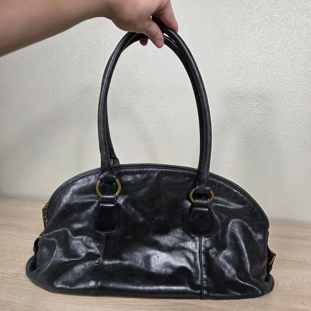 HOBO International Black Leather Satchel Handbag Brass Hardware